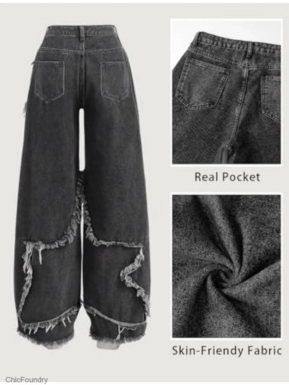Y2K Baggy Wide Leg Raw Hem Star Patchwork Jeans Girls Teens